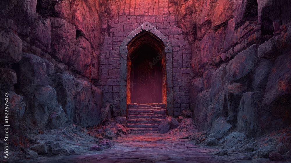 Poster mysterious portal to another realm inside dark dungeon environment