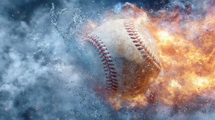 A baseball surrounded by water on one side and fire on the other side in a dynamic shot