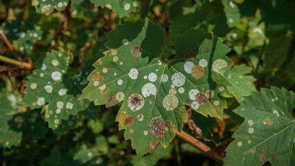 Grape leaves suffering from mildew fungus with discoloration