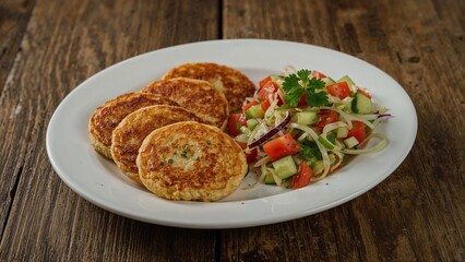 Plate featuring hot potato pancakes accompanied by a fresh mixed vegetable salad, close-up shot