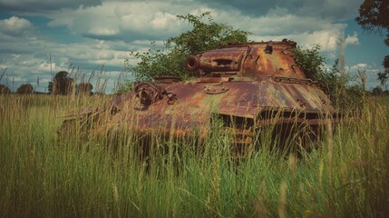 Fototapeta premium Abandoned Tank Surrounded by Tall Grass in Post-War Landscape