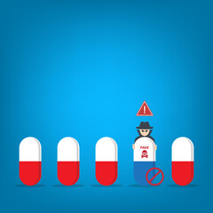 Fake medicine. Pill and tablet with criminal selling illegal drugs. Fake drugs, pharmaceutical. Symbolic for harmful counterfeit pills, risk and danger of illegal produced and sold pharmaceuticals.