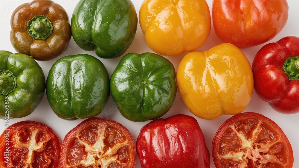 Poster assortment of fresh intact and sliced bell peppers displayed on a white background from above.