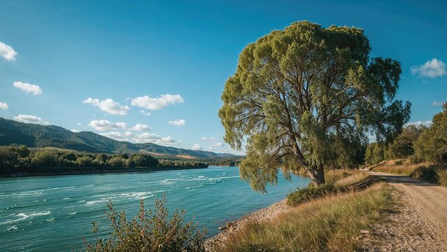 Scenic riverside scene featuring clear skies and vibrant natural landscapes
