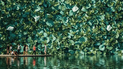 Naklejka premium Double Layered Plant Shadows Over Scenic Water and Sky Patterns