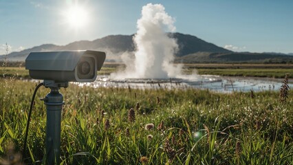Nature scene featuring a geyser with a mounted security camera in the foreground