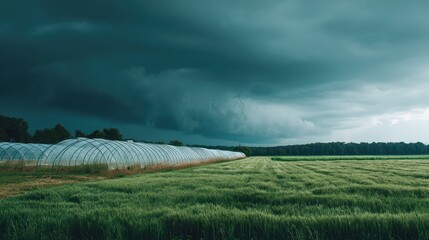 Protective Canopy Over Crops in a Cloudy Field Landscape