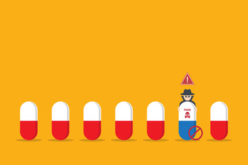 Fake medicine. Pill and tablet with criminal selling illegal drugs. Fake drugs, pharmaceutical. Symbolic for harmful counterfeit pills, risk and danger of illegal produced and sold pharmaceuticals.