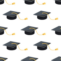 Graduation cap seamless pattern. university, college graduation black cap icon. Element for degree ceremony, educational programs design.