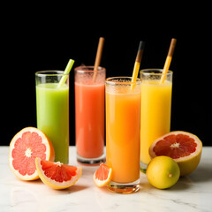 Glasses of colorful juice with straws and grapefruit on white table