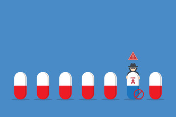 Fake medicine. Pill and tablet with criminal selling illegal drugs. Fake drugs, pharmaceutical. Symbolic for harmful counterfeit pills, risk and danger of illegal produced and sold pharmaceuticals.