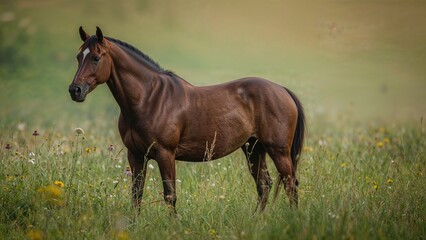 Obraz premium Shagya Arab horse in a serene grassy landscape