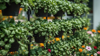 Obraz premium Vertical planter filled with thriving seedlings, natural spring setting