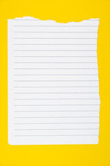 Torn white lined paper sheet with blank space on yellow background for notes, writing, or creative design projects