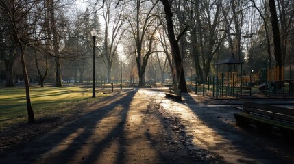 Fototapeta premium Tranquil Morning in City Park with Long Shadows and Soft Light