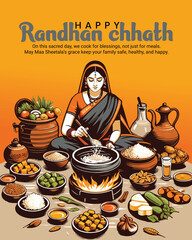 Randhan Chhath Festival Illustration – Traditional Gujarati Cooking Ritual Celebration