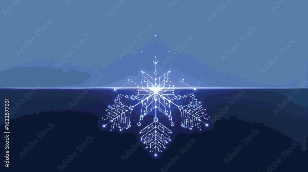 Poster futuristic snowflake design featuring glowing circuitry elements on a deep blue background.