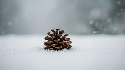 Solitary pine cone lying on a blanket of snow