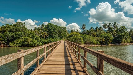 Fototapeta premium Simple aged wood bridge over river waters