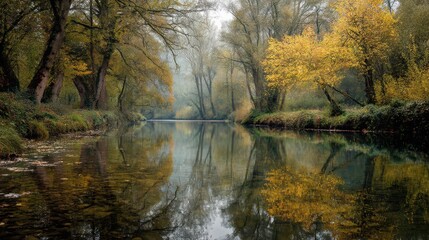 Fototapeta premium Tranquil Autumn Riverbank with Vibrant Reflections and Trees