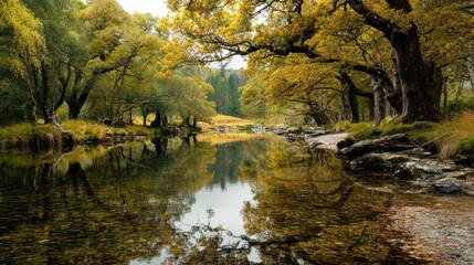 Serene Autumn Reflections on a Quiet Riverbank Surrounded by Trees