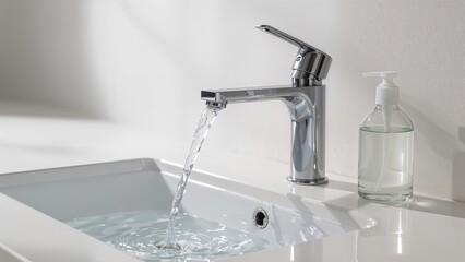Basin featuring a faucet pouring water alongside a liquid soap dispenser
