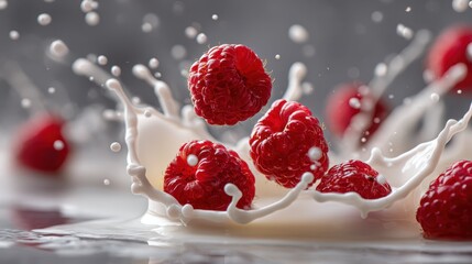 Fresh Raspberries Splashing into Creamy Yogurt for Delicious Treat