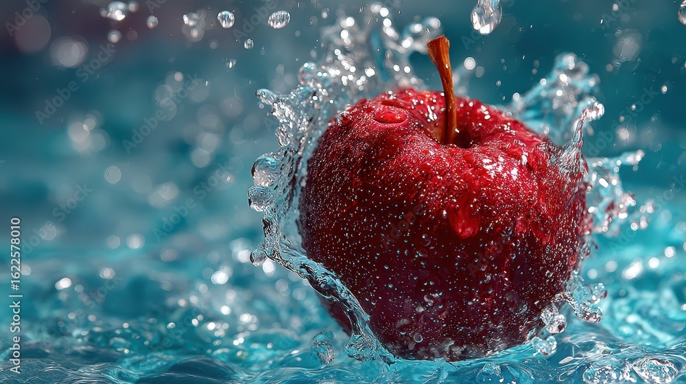 Poster red apple splashes into clear water pool creating ripples and bubbles