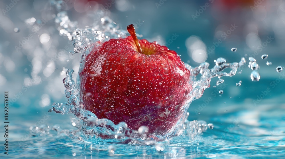 Poster red apple splashing into pool of water with bubbles and ripples