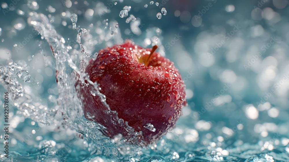 Poster red apple splashing into a pool of water creating dynamic ripples