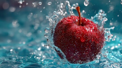 Red Apple Splashes Into Clear Water Pool Creating Ripples and Bubbles