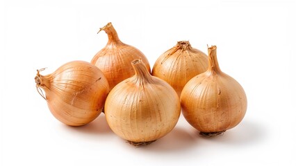 Bundle of Fresh Golden Onions Displayed on White Surface