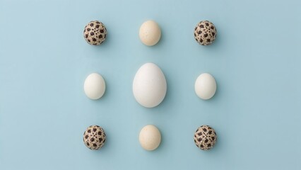 An arrangement featuring quail eggs and a solitary chicken egg on a blue field, organized in a repeated pattern with text space available