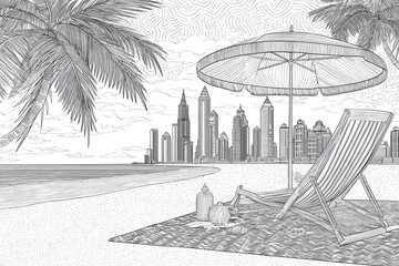 Beach scene with palm trees and city skyline.