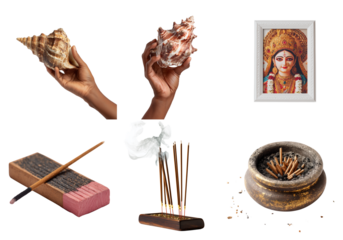 Hand holding conch shell with incense isolated on a transparent background