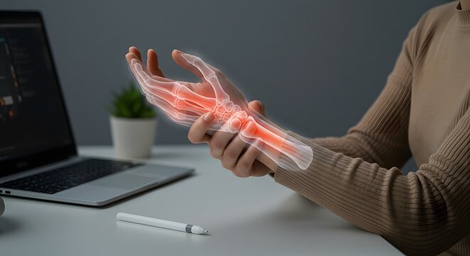 Woman's wrist pain from computer work, with digital skeletal overlay showing carpal tunnel syndrome and joint inflammation. Repetitive strain injury.