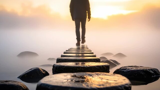 A lone figure walks a path of stepping stones through mist towards a hopeful, golden light.