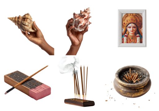 Hand holding conch shell with incense isolated on a transparent background
