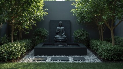 Miniature backyard fountain featuring a statue surrounded by trees and plants. Peaceful garden theme with modern dark green color adjustment.