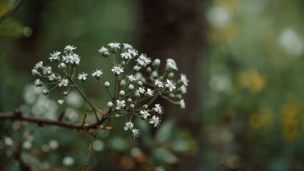Delicate white petals amid buds on the verge of blooming, set against a smooth, out-of-focus background with sharp focus