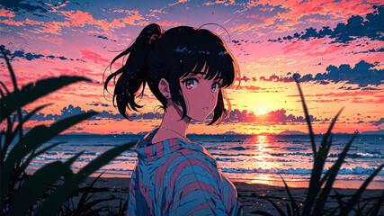 Anime girl with dark hair tied in a ponytail, looking out towards a breathtaking sunset over the ocean