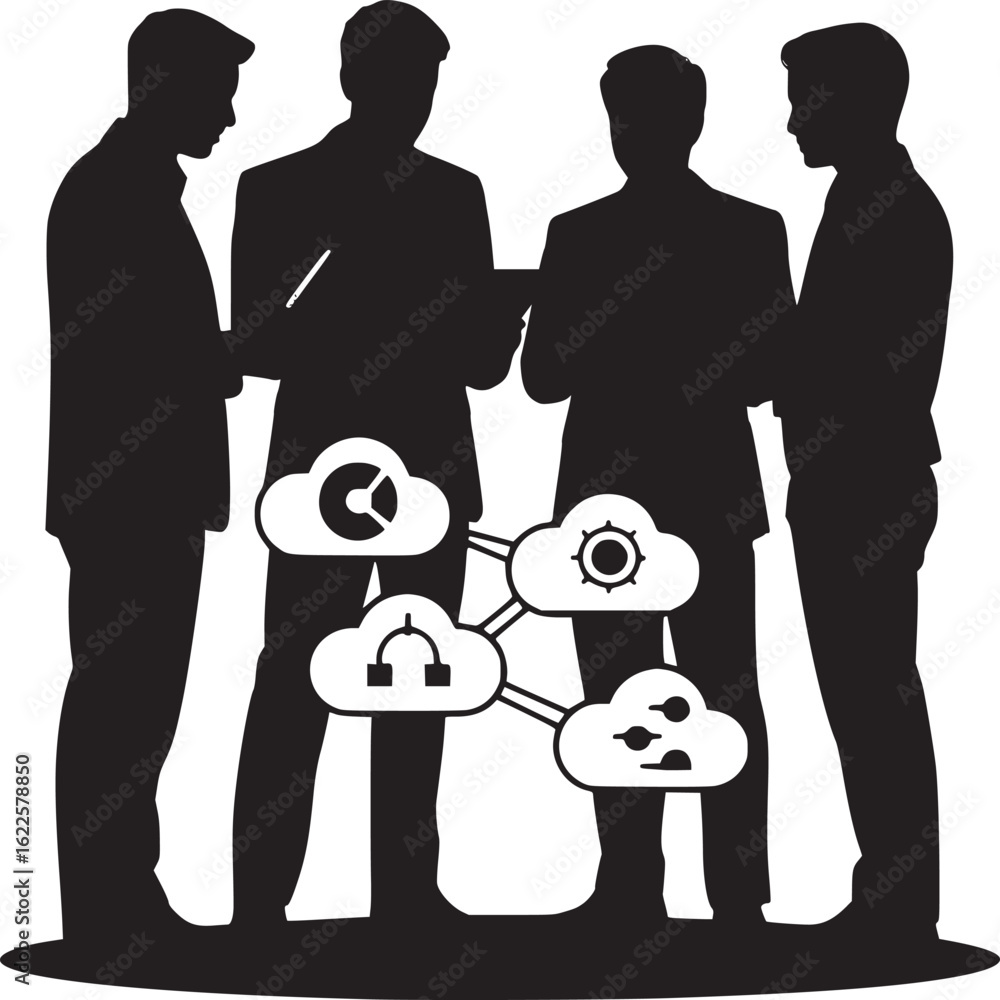 Poster silhouette of four business people discussing cloud computing network and data management strategy t