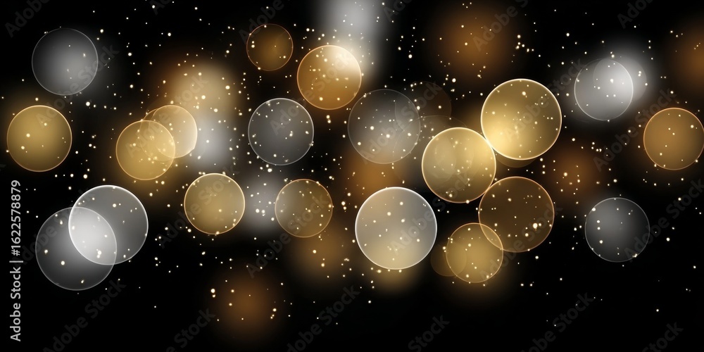 Poster abstract light effect with golden glitter circles and blurred bokeh on dark background