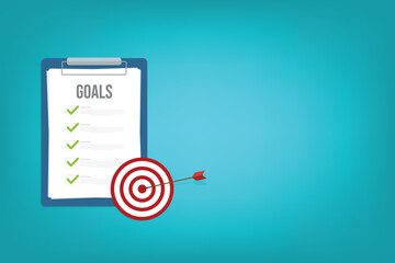 Goals list with checklist and arrow hitting the center of a target, business achievement concept	