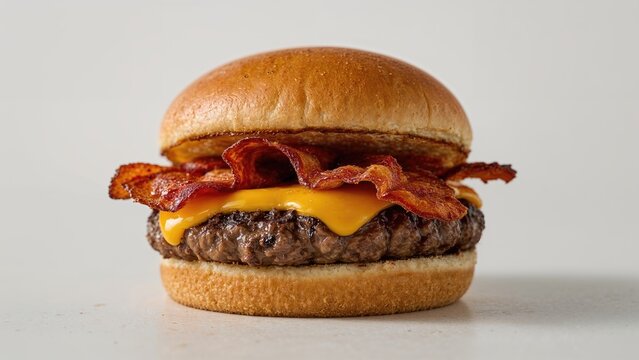 Grilled burger with melted cheese and bacon strips