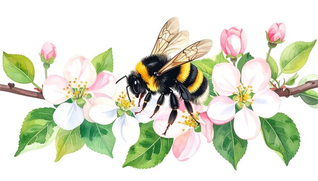 Watercolor illustration of a bumblebee pollinating apple tree blossoms in spring - Powered by Adobe