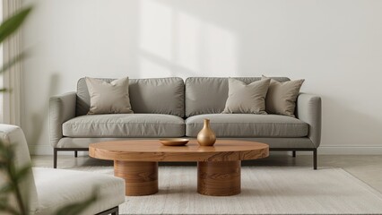 Cozy lounge area with a muted grey couch and coffee table