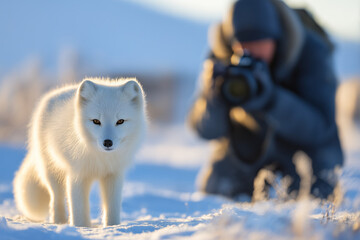 Photographer taking a picture of an arctic fox in the snow.