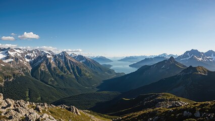 Icy mountain summits above a vast ocean view