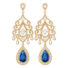 Elegant gold chandelier earrings with blue gems and diamonds sparkle